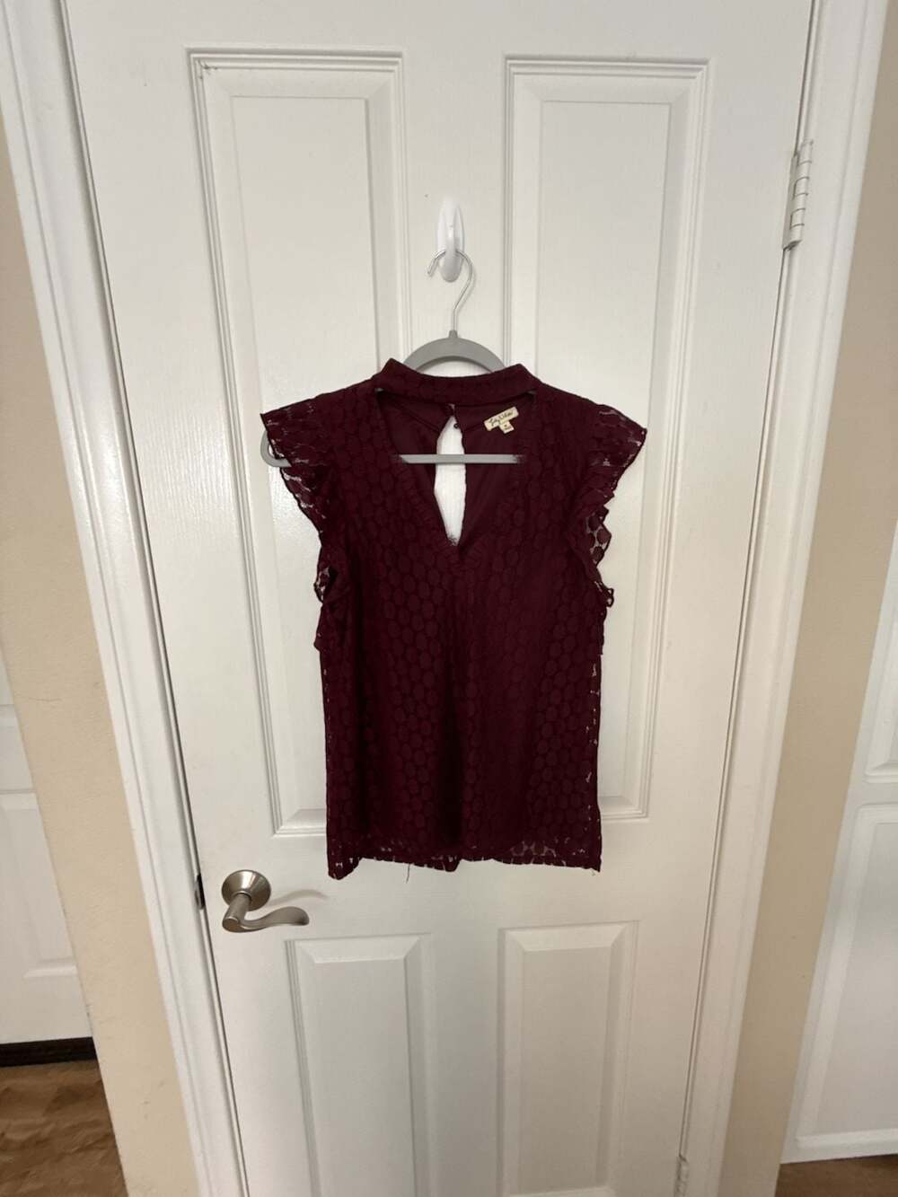 Lily White Women's Burgundy Lace Mock Neck Ruffle Sleeve Blouse Size M
